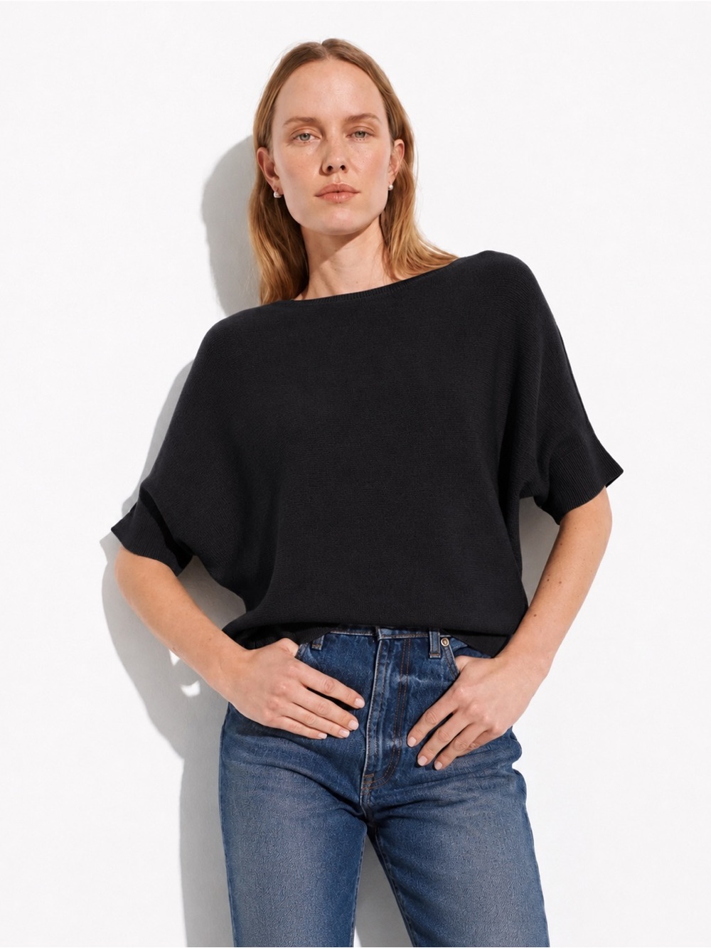Reset R Label Wool Sweater Black Oversized Dolman Short Sleeve Minimalist L/XL